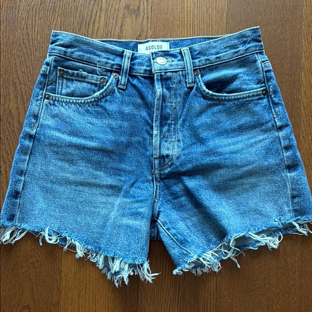 Agolde Parker Long Medium Blue Distressed Jean Shorts Raw Cut Hem